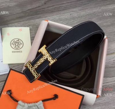 New Style AAA Hermes Leather Belt - Dark Blue Leather & Diamond Inlay buckle